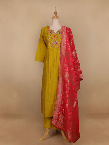 Yellow Floral Designed Semi Silk Salwar Suit - Diadem