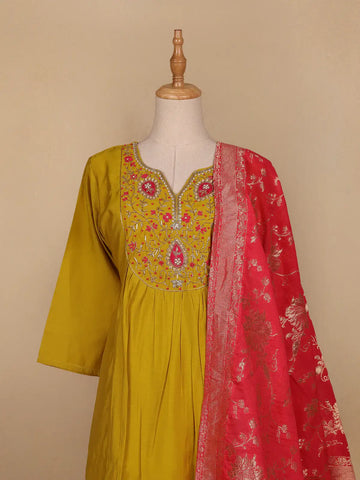 Yellow Floral Designed Semi Silk Salwar Suit - Diadem