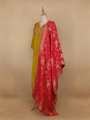 Yellow Floral Designed Semi Silk Salwar Suit - Diadem