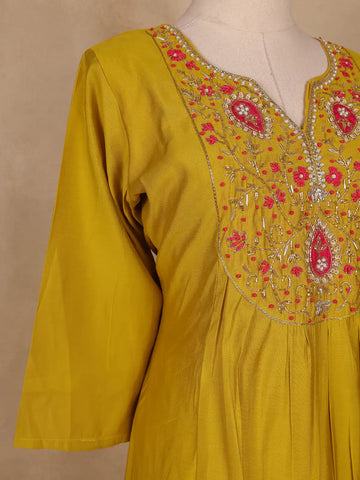 Yellow Floral Designed Semi Silk Salwar Suit - Diadem