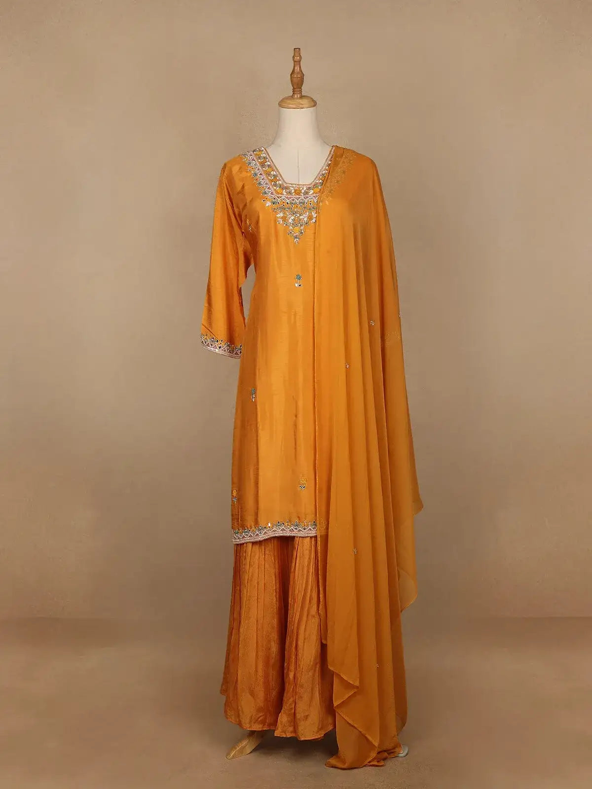Yellow Floral Designed Semi Silk Sharara Salwar Suit - Diadem