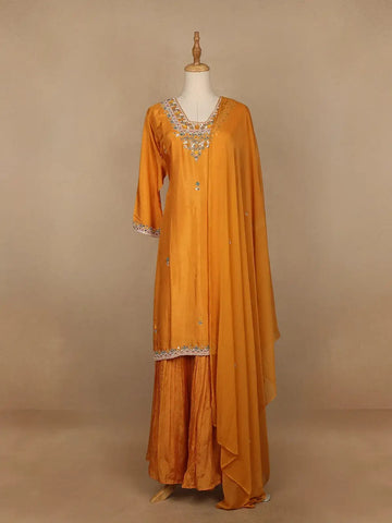 Yellow Floral Designed Semi Silk Sharara Salwar Suit - Diadem