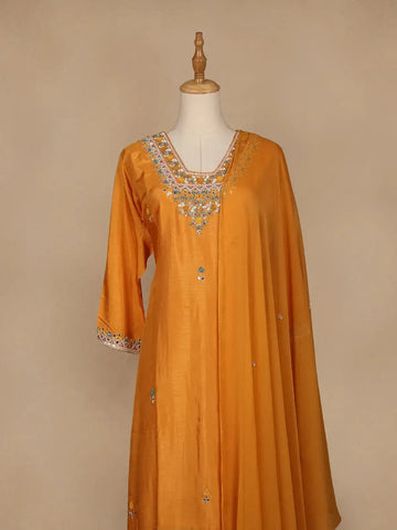 Yellow Floral Designed Semi Silk Sharara Salwar Suit - Diadem