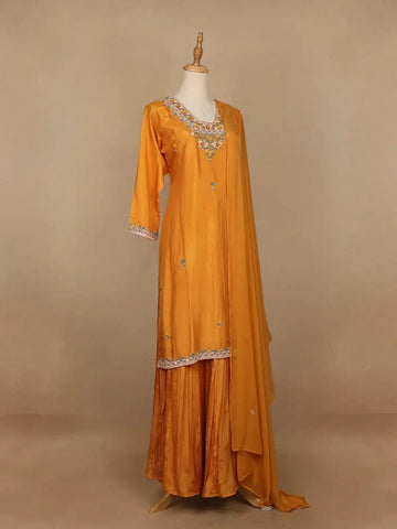 Yellow Floral Designed Semi Silk Sharara Salwar Suit - Diadem