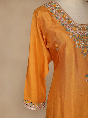 Yellow Floral Designed Semi Silk Sharara Salwar Suit - Diadem