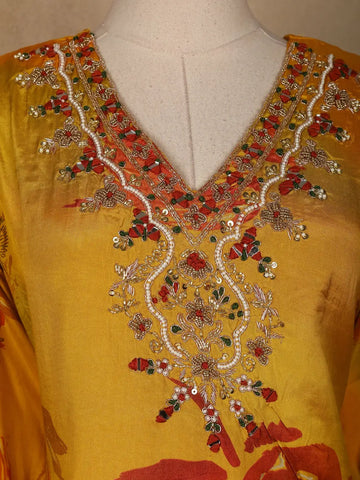 Yellow Floral Designed Semi Silk Straight Cut Salwar Suit - Diadem