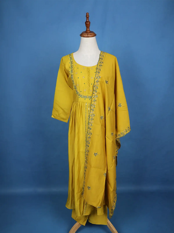 Yellow Floral Designed Semi Silk Salwar Suit - Diadem