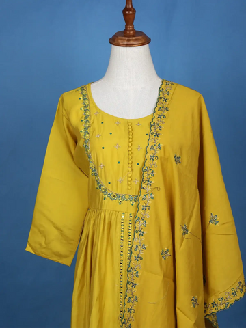 Yellow Floral Designed Semi Silk Salwar Suit - Diadem