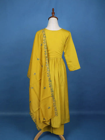 Yellow Floral Designed Semi Silk Salwar Suit - Diadem