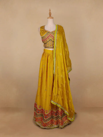 Yellow Floral Embroidered Crepe Lehenga for Bride & Bridesmaid - Diadem