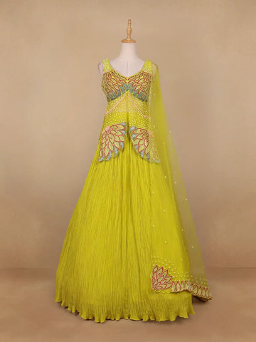 Yellow Floral Embroidered Crepe Lehenga for Bridesmaid - Diadem