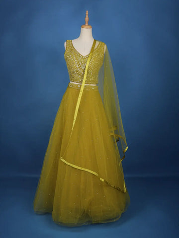 Yellow Floral Embroidered Net Lehenga for Bridesmaids - Diadem