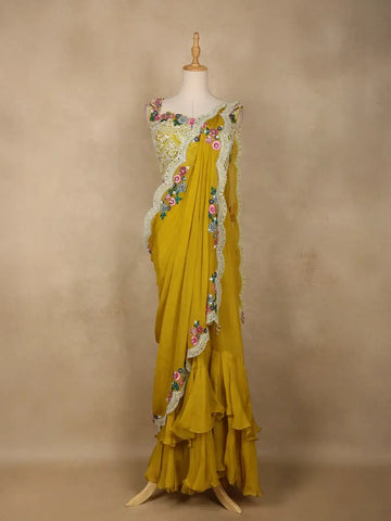 Yellow Floral Embroidered Organza Bridesmaids Lehenga - Diadem