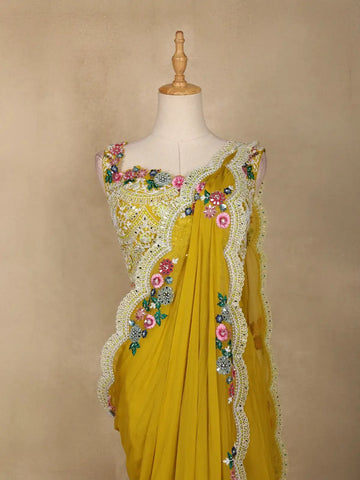 Yellow Floral Embroidered Organza Bridesmaids Lehenga - Diadem