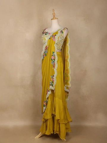 Yellow Floral Embroidered Organza Bridesmaids Lehenga - Diadem