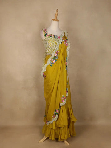 Yellow Floral Embroidered Organza Bridesmaids Lehenga - Diadem
