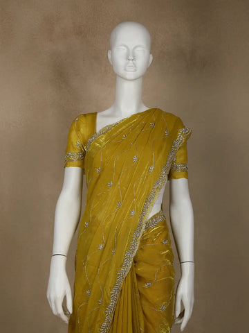 Yellow Floral Embroidered Organza Designer Saree - Diadem