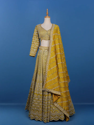 Yellow Floral Embroidered Semi Silk Lehenga for Brides - Diadem