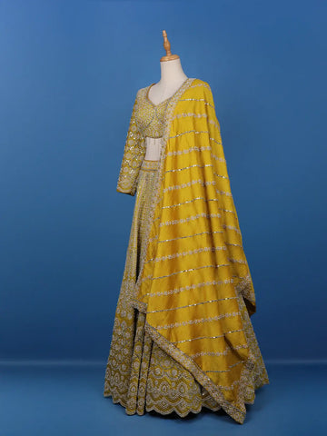 Yellow Floral Embroidered Semi Silk Lehenga for Brides - Diadem