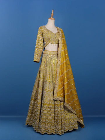 Yellow Floral Embroidered Semi Silk Lehenga for Brides - Diadem