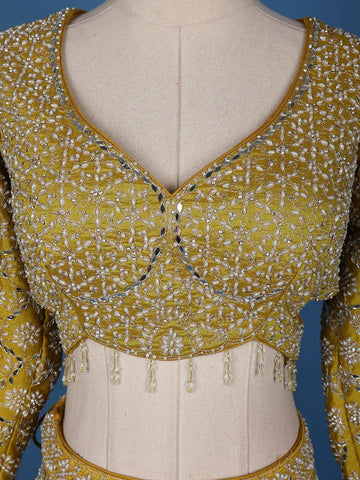 Yellow Floral Embroidered Semi Silk Lehenga for Brides - Diadem
