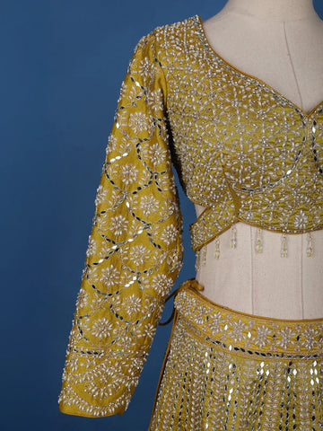 Yellow Floral Embroidered Semi Silk Lehenga for Brides - Diadem