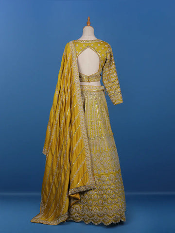 Yellow Floral Embroidered Semi Silk Lehenga for Brides - Diadem