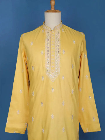 Yellow Floral Embroidery Cotton Kurta Set With Pant - Diadem