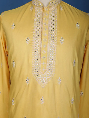 Yellow Floral Embroidery Cotton Kurta Set With Pant - Diadem