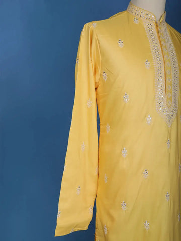 Yellow Floral Embroidery Cotton Kurta Set With Pant - Diadem