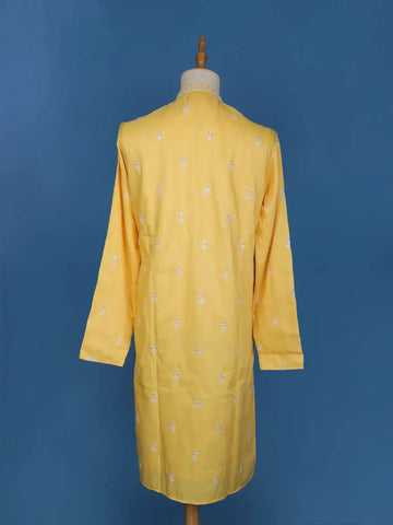 Yellow Floral Embroidery Cotton Kurta Set With Pant - Diadem