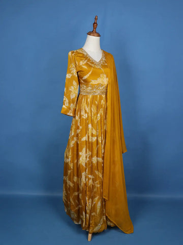 Yellow Floral Embroidery Crepe Gown - Diadem