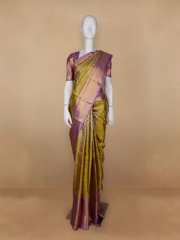 Yellow Floral Woven Pure Kanchipuram Silk Saree - Diadem