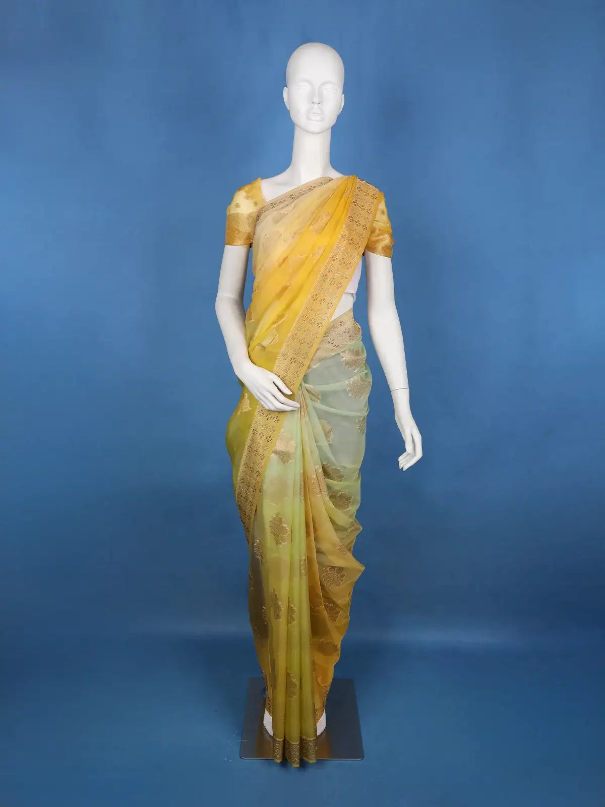 Yellow Floral Zari Sequin Embellishment Organza Saree - Diadem