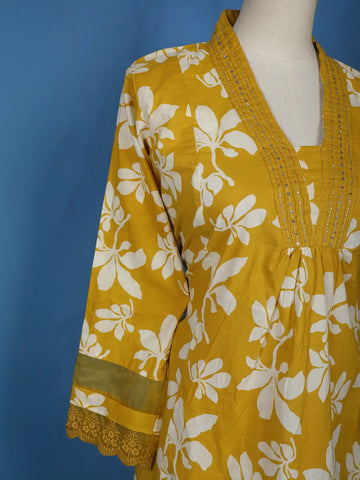 Yellow Floral Designed Cotton Salwar Suit - Diadem