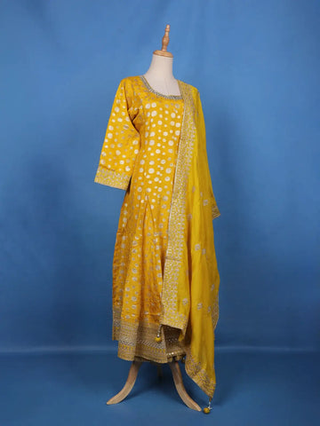 Yellow Mirror Embroidery Printed Georgette Salwar Suit - Diadem