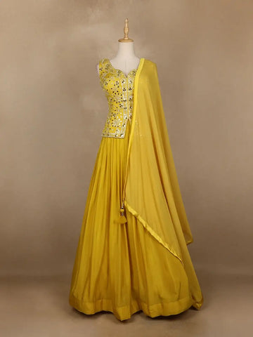 Yellow Mirror Worked Lehenga - Diadem