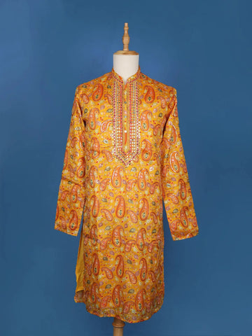 Yellow Paisley And Sequins Embroidery Semi silk Kurta Set With Pant - Diadem