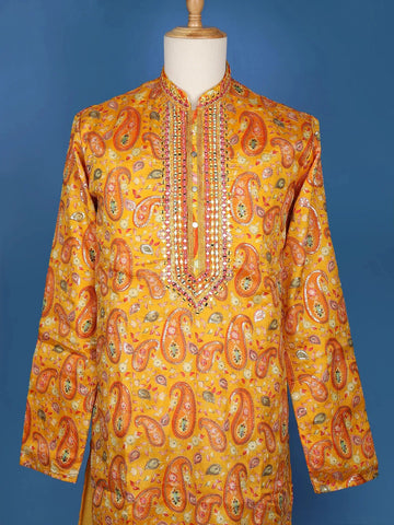 Yellow Paisley And Sequins Embroidery Semi silk Kurta Set With Pant - Diadem
