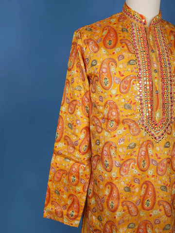 Yellow Paisley And Sequins Embroidery Semi silk Kurta Set With Pant - Diadem