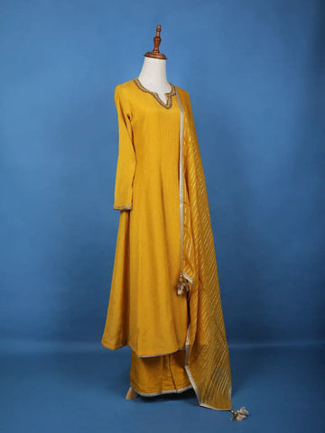 Yellow Solid Zardosi Worked Semi Silk Salwar Suit - Diadem