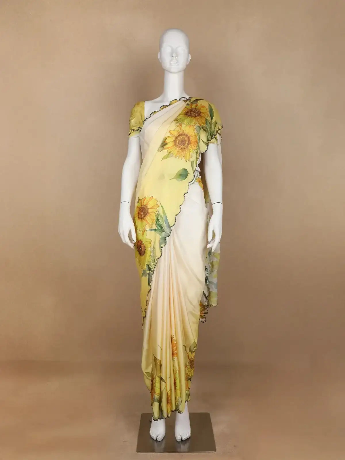 Yellow Sun Flower Designed Satin Fancy Saree - Diadem