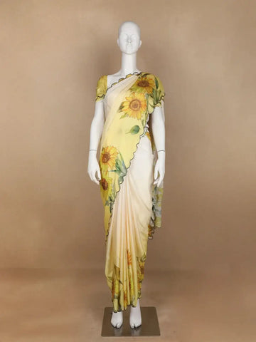 Yellow Sun Flower Designed Satin Fancy Saree - Diadem