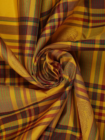 Yellow with Multicolor Checks Woven Pure Kanchipuram Silk Saree - Diadem