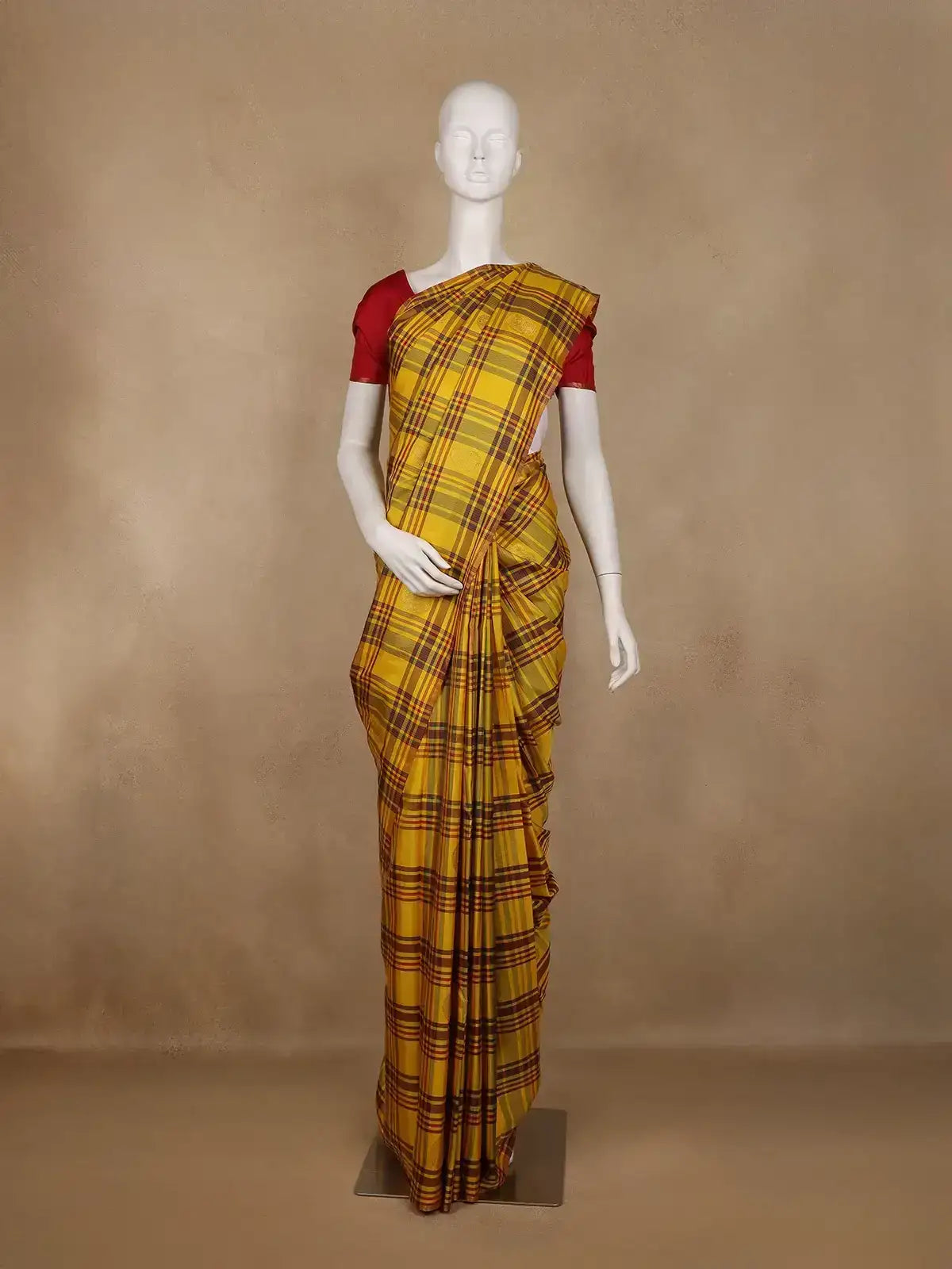 Yellow with Multicolor Checks Woven Pure Kanchipuram Silk Saree - Diadem