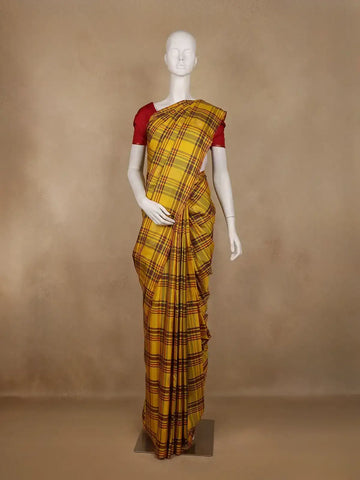 Yellow with Multicolor Checks Woven Pure Kanchipuram Silk Saree - Diadem