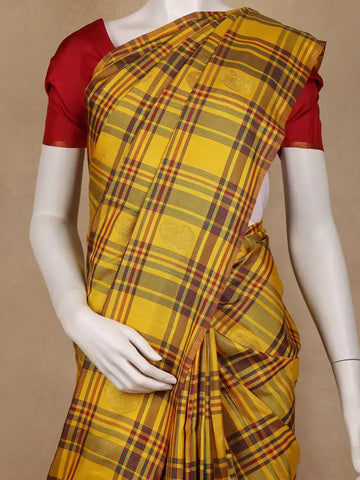 Yellow with Multicolor Checks Woven Pure Kanchipuram Silk Saree - Diadem