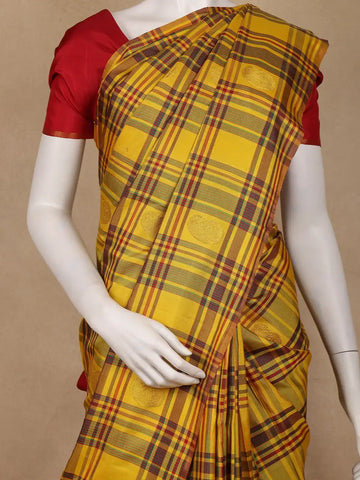 Yellow with Multicolor Checks Woven Pure Kanchipuram Silk Saree - Diadem