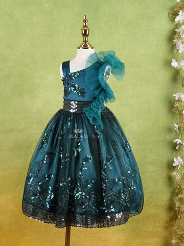 Green Net Layered Gown Adorned With Ruffles And Sequins - Diadem