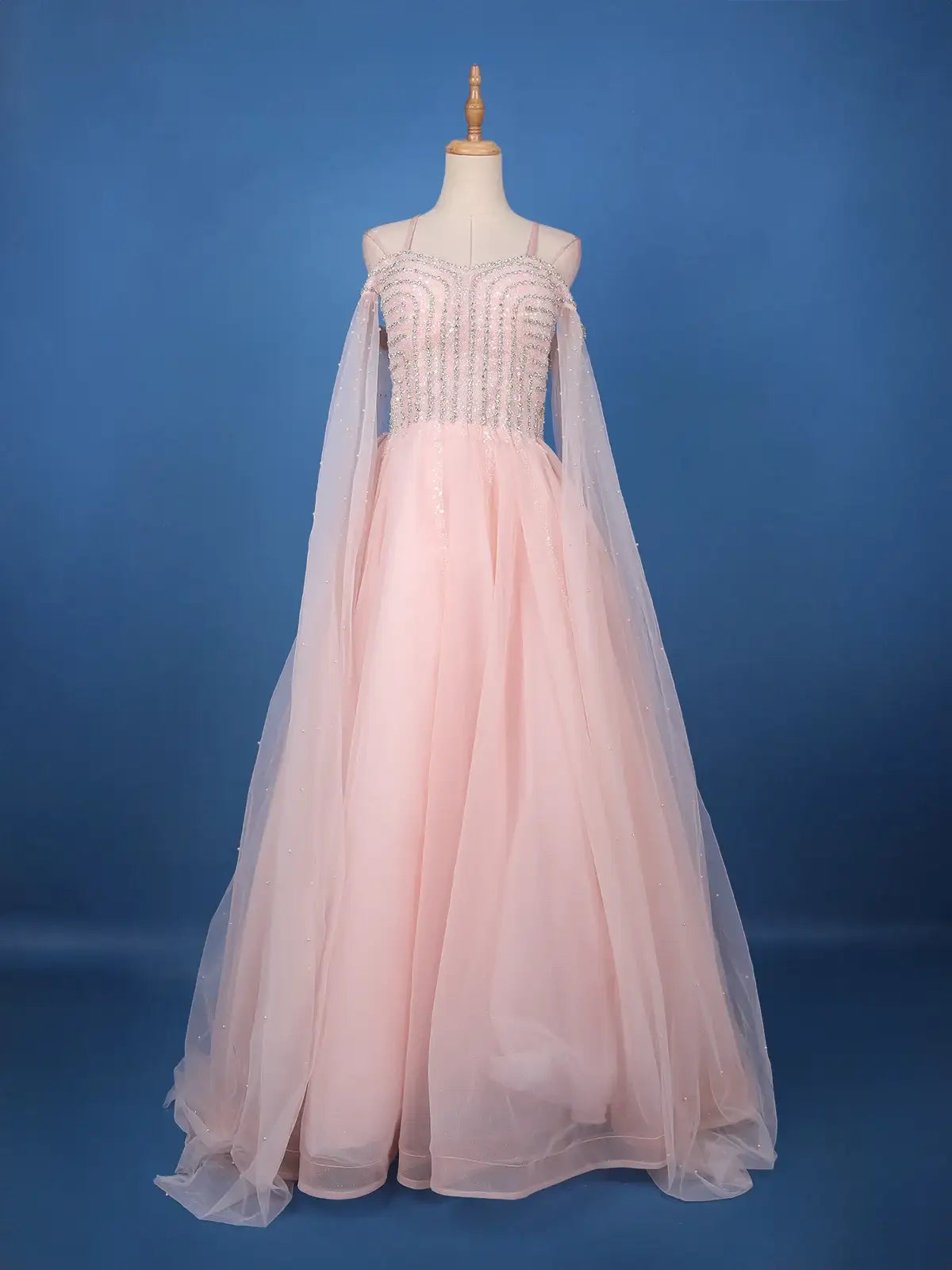 Light Pink Stone and Sequin Embellished Net Gown - Diadem